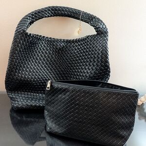 Petite Simone Eco Friendly Woven Chic Black Woven Shoulder Bag and Wallet Set
